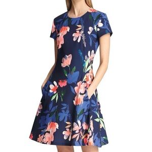 DKNY 8 Floral Fit & Flare Cocktail Dress Navy Knee Length Cap Sleeve